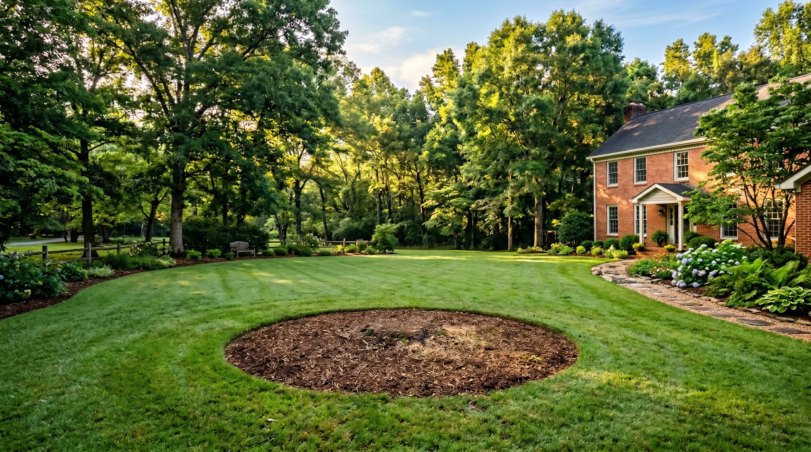Freshly ground stump area in a beautiful Tennessee backyard with lush green lawn and mature trees