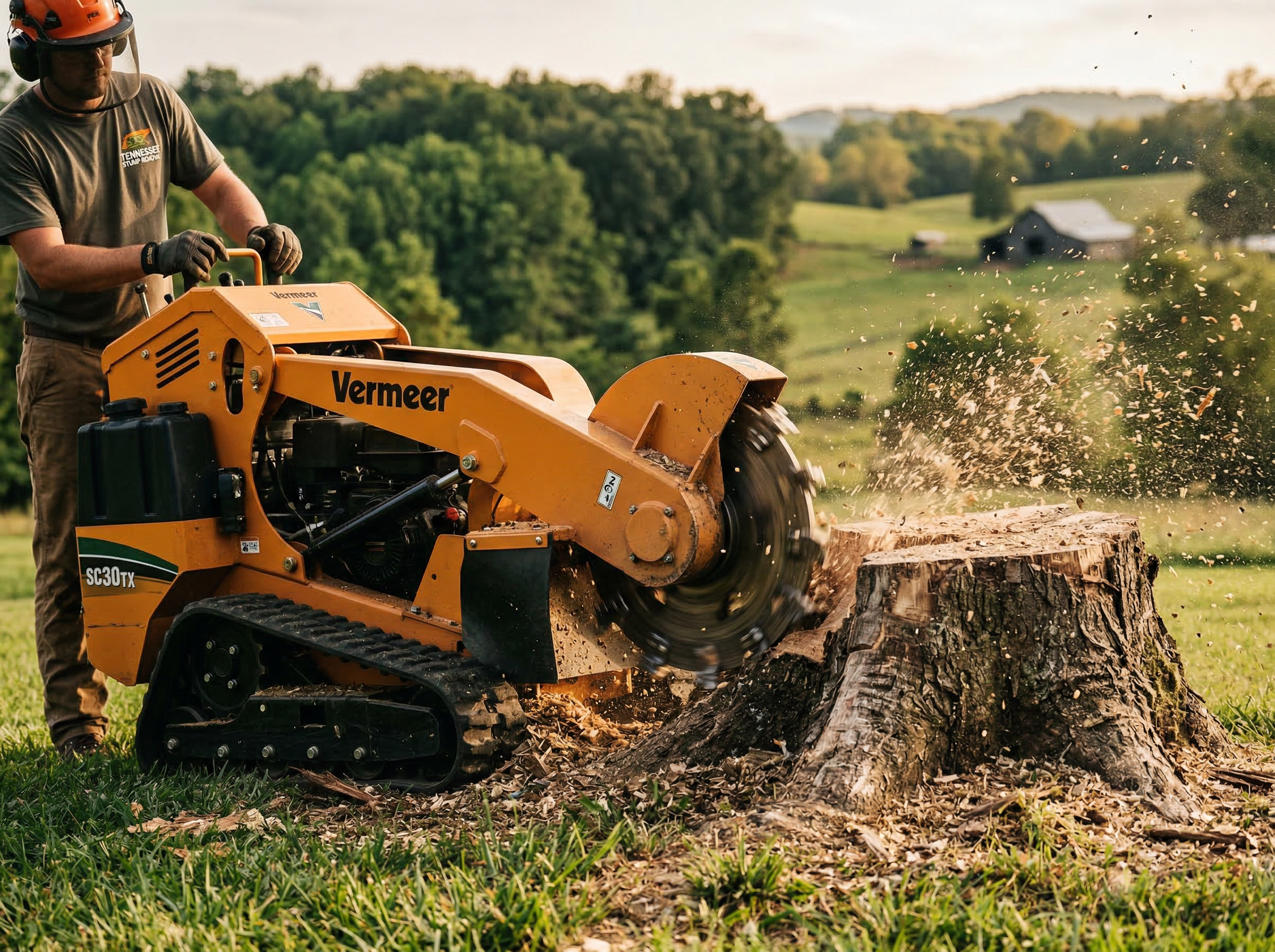 Professional stump grinder in action cutting through a large tree stump with wood chips flying